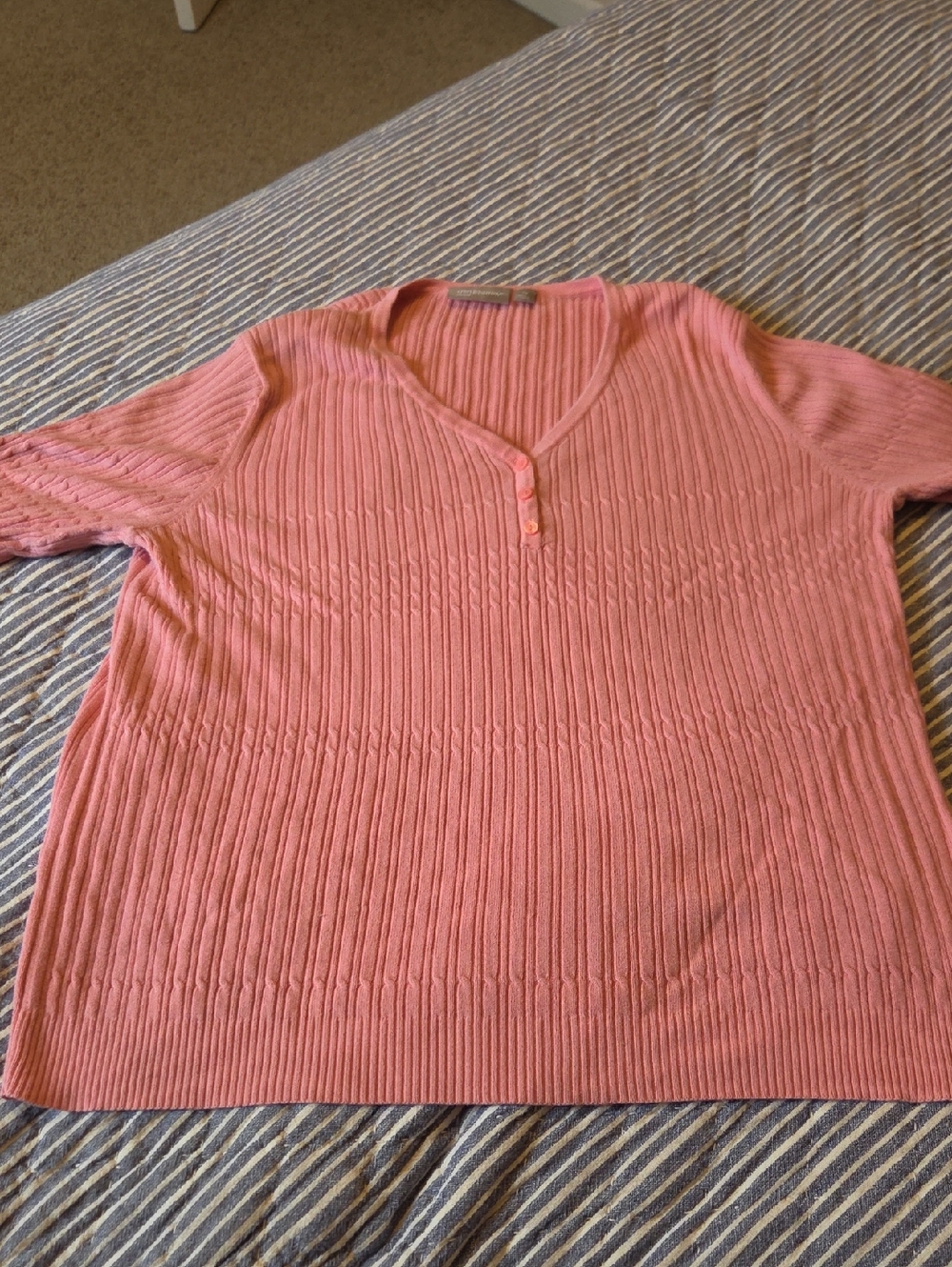 croft & barrow Pink V-Neck 3/4 Length Sleeve Ribbed Sweater